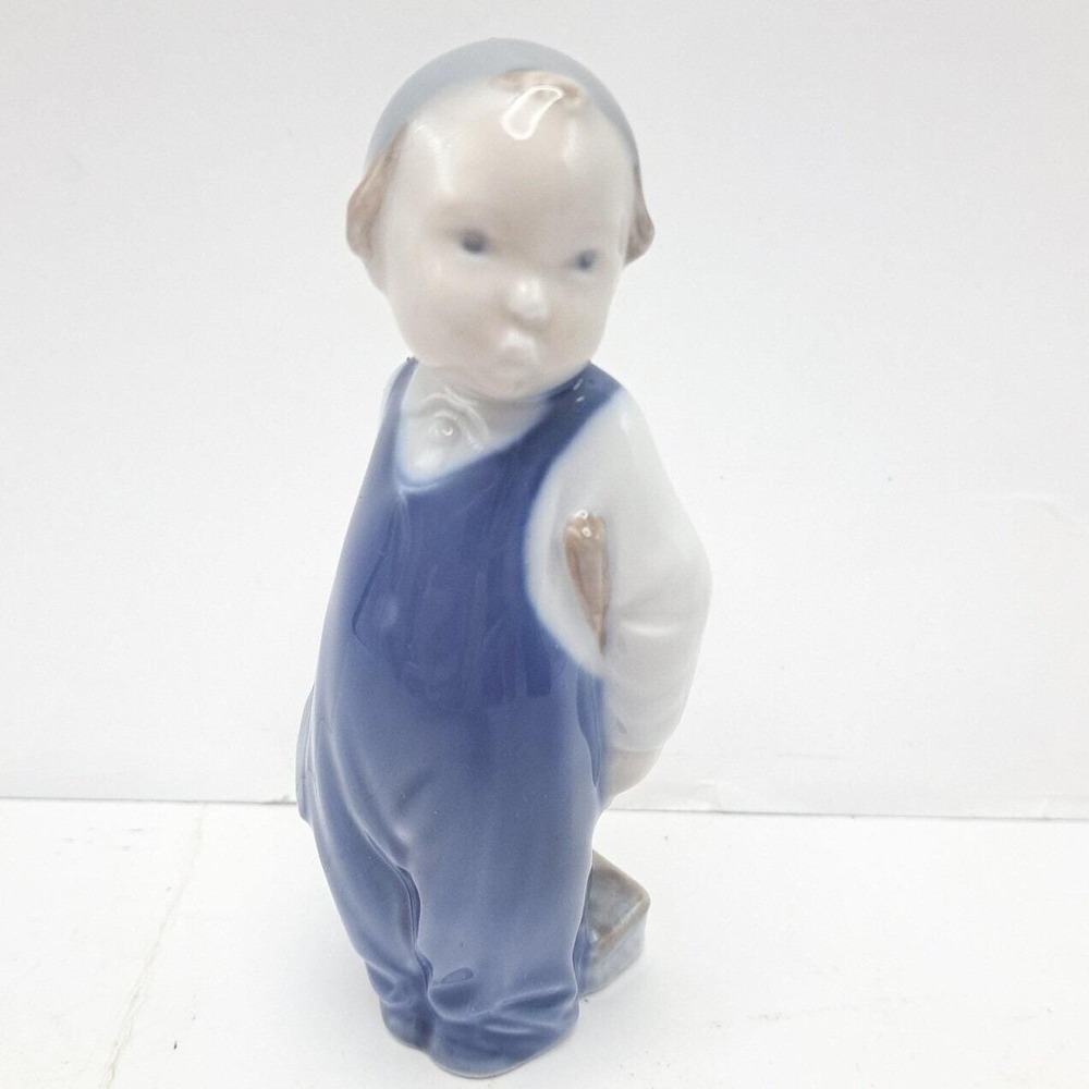 Royal Copenhagen Boy Sweeping Figurine 3250 Blue White VTG Danish Porcelain Deco